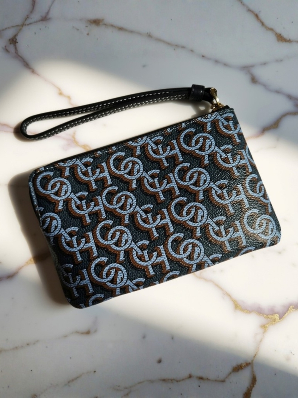 Coach Monogram Blue & Brown Logo Wristlet Card Holder